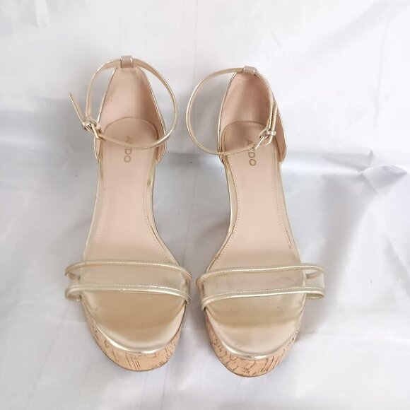 Aldo Gold Platform Wedge Sandals Women’s Size 8.5 Ankle Strap Open Toe Shoes - Picture 2 of 9